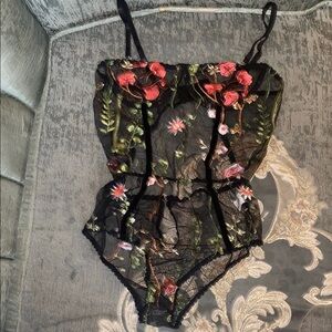 Floral Embroidered Black Bodysuit New